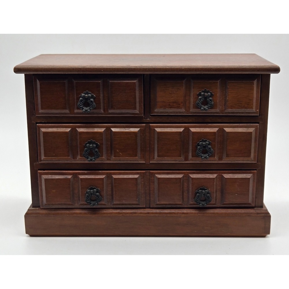 Vintage Tundra Wooden Jewelry Box Chest Brown 4-Drawer Musical Taiwan Labeled